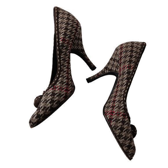 PRADA Houndstooth Fabric Heels Pumps Shoes Size 37.5 Peep Toe Brown Red Wool - Picture 3 of 11